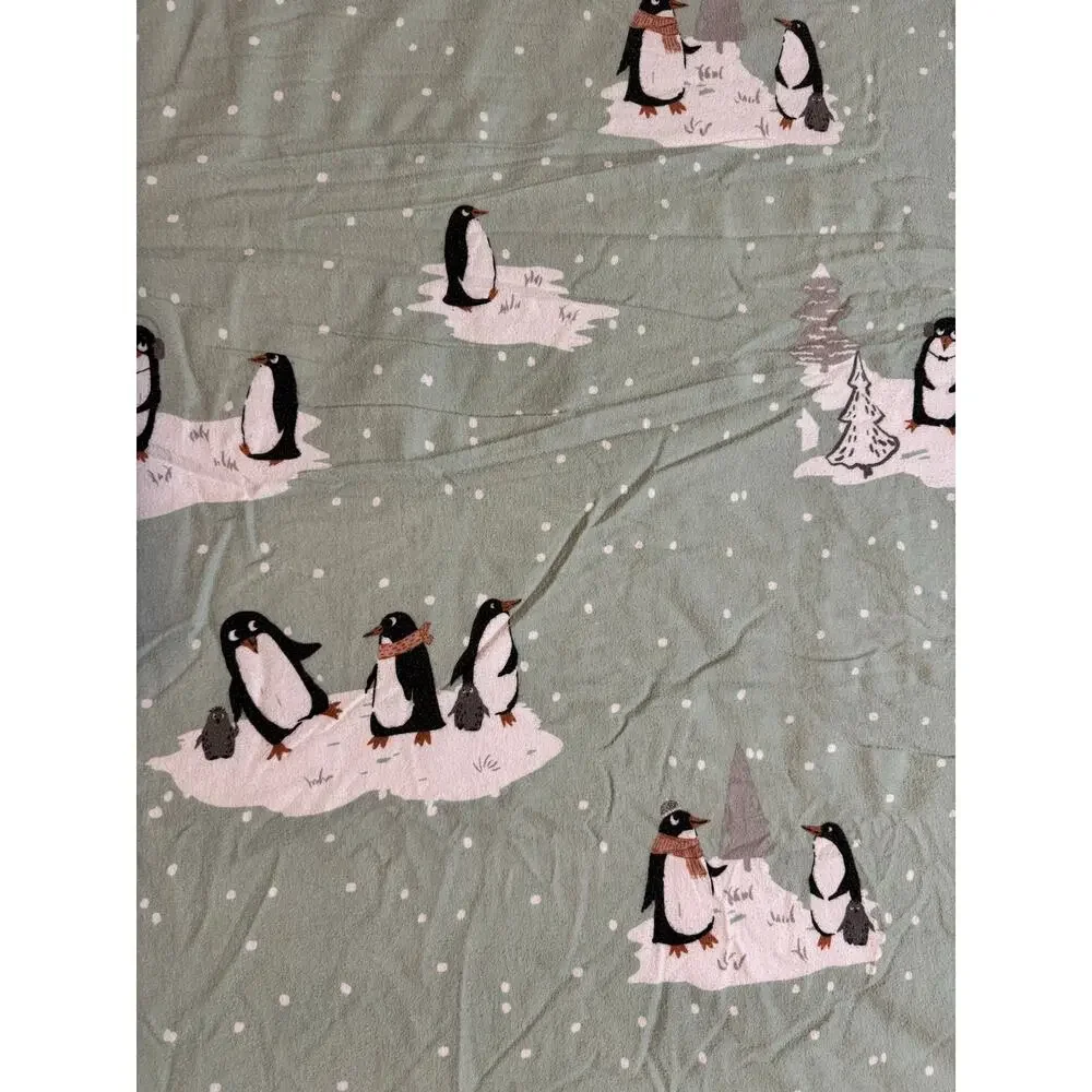 True North Playful Holiday Winter Penguins Mint Green Cotton Flannel Duvet Set
